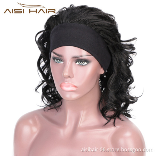 Aisi Hair Short Women Black Curly Wigs with Headband Heat Resistant Synthetic Fiber Wigs with Bandage For Lady